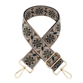 Detail of embroidered geometric crossbody strap with golden metal lobster clasps - Silver Clasp / Khaki Base Blue Circle