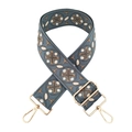 Adjustable wide jacquard embroidery bag strap with ethnic patterns and gold metal clips - Silver Clasp / Blue Base Grey Circle