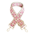 Macro detail of pink and beige geometric jacquard woven strap with golden metal hooks - Beige White Rose Red Pattern