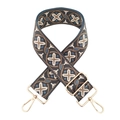 Close-up of thick jacquard woven strap with colorful geometric pattern and gold metal hooks - Grey Khaki