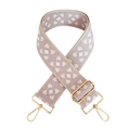 Macro shot of geometric jacquard bag strap with gold metal hooks and buckle - F5-Beige Base Purple White Flower