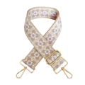 Detail of purple geometric jacquard woven strap with adjustable gold metal hardware buckles - F6-Beige Base White Purple Flower