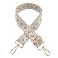 Close-up of geometric diamond weave pattern and gold lobster clasp on wide bag strap - Silver Clasp / Beige Grey White
