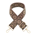 Close-up of thick jacquard woven strap with floral pattern and gold metal hooks - Light Green Army Green
