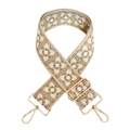 Close-up of geometric jacquard wide strap with golden metal lobster clasps and slider - F11-Beige Base Khaki White Flower
