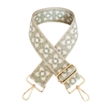 Close-up of jacquard woven geometric bag strap in light green and beige with gold metal clips - F12-Beige Base Matcha Green White Flower