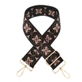 Detail of floral embroidery on wide crossbody strap with gold metal lobster clasps - Black Base Dark Coffee