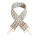 Detail of adjustable geometric jacquard bag strap with golden metal hooks and buckles - Silver Clasp / F13-Beige Base Grey White Flower