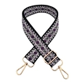 Detail view of woven purple and black geometric diamond pattern bag strap with gold hooks - Metallic Purple Black