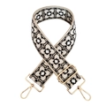 Detail of colorful jacquard guitar strap with vintage geometric patterns and gold lobster clasps - F14-Beige Base Black White Flower