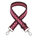 Detail of 3.8cm wide strap with black, white, and pink wavy geometric pattern and silver hooks - B3 Rose Pink + Gunmetal Buckle