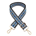 Detail of adjustable blue geometric diamond woven shoulder strap with gold metal buckles - Black White Royal Blue