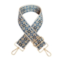 Detail of colorful jacquard wide bag strap with gold metal lobster clasps and buckle - F15-Beige Base Blue Khaki Flower