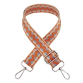 Detail of 3.8cm wide woven bag strap with orange and blue wave pattern and silver hooks - B4 Orange + Silver Buckle