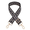 Close-up of geometric diamond weave bag strap with pale gold metal swivel hooks - Silver Clasp / Black Beige Dark Blue