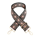 Macro detail of colorful bohemian jacquard woven bag strap with golden metal lobster clasps - F19-Black Base Beige Pink Flower