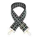 Detail of vintage geometric jacquard bag strap with polished gold-tone metal buckles - F21-Black Base White Green Flower