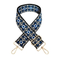 Detail of blue and white geometric jacquard bag strap with gold metal lobster clasps - Silver Clasp / F22-Black Base White Blue Flower