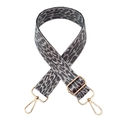 Close-up of leopard print bag strap with high-density webbing and gold metal lobster clasps - Leopard B Grey Silver Thread