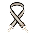 Detail of adjustable black and white striped bag strap with gold metal lobster clasps - Black and White Gold Thread