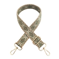 Detail of 3.8cm jacquard woven strap with vintage geometric patterns and gold metal hooks - Dark Khaki and Green Flower / Silver Clasp