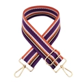 Detail of adjustable purple and orange striped woven bag strap with gold metal buckles - Silver Clasp / Purple Orange