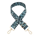 Detail of 3.8cm leopard print bag strap with blue patterns and gold thread accents - Light Blue + Silver Buckle