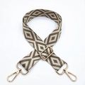 Close-up of adjustable embroidery diamond pattern bag strap with gold metal hooks - Silver Clasp / Beige Base Dark Khaki
