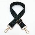 Close-up of adjustable embroidered geometric diamond strap with gold metal buckles - Black Base Dark Green