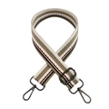Detail of colorful striped woven shoulder strap with metallic lobster clasps and buckles - Khaki Green Stripe Gunmetal Buckle