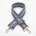 Close-up of geometric ethnic pattern woven strap with gold metal hooks and slider - Silver Clasp / No. 2 Grey Blue Base Beige