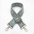 Detail of green ethnic jacquard bag strap with gold metal lobster hooks and buckle - Silver Clasp / No. 3 Dusty Green Base White
