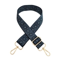Detail of wide shoulder strap featuring blue geometric pattern and gold metal hardware - Pattern 185 + Gold Buckle