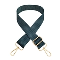 Close-up of wide green adjustable bag strap with geometric pattern and gold metal hooks - Pattern 190 + Gold Buckle