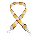Close-up of adjustable woven strap with orange yellow polka dots and metal lobster clasps - Yellow White Silver Buckle