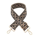 Close-up of geometric ethnic pattern wide bag strap with gold metal lobster clasps - J8 Beige Base Black Khaki / Silver Clasp
