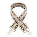 Close-up of bohemian geometric woven strap with golden metal lobster clasps and buckles - Beige Khaki Black