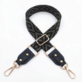 Détails de la bandoulière jacquard à losanges avec ferrures dorées et finitions cuir - Base Noire Vert Armée + Noir