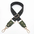 Close-up of diamond pattern woven bag strap with premium gold hardware and green leather - Silver Clasp / Black Base Army Green + Army Green Leather