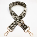 Adjustable geometric black and white jacquard woven bag strap with gold metal buckles - Dark Army Green