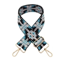 Close-up of ethnic style wide polyester bag strap with jacquard embroidery and gold hardware - Pattern 10 (Black Pink Blue)