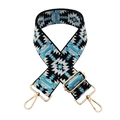 Macro detail of bohemian geometric embroidered bag strap with gold metal lobster clasps - Pattern 11 (Black Light Blue White)
