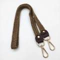 Macro detail of dark brown knitted shoulder strap with leather patch and gold metal clasps - 80cm / Light Coffee