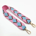 Detail of pink and blue diamond pattern woven wide bag strap with gold lobster clasps - Pink Blue Squares