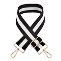 Wide adjustable black and white striped bag strap with gold metal lobster clasps - Black-White-Black