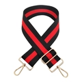 Adjustable wide striped canvas strap with red and black pattern and gold metal clips - Black/Red/Black