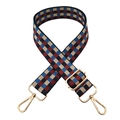 Detail view of 3.8cm wide adjustable plaid strap with gold metal hooks and buckle - Blue Brick Red Beige + Gold Buckle