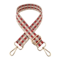Close-up of adjustable red and grey checkered nylon bag strap with gold metal buckles - Beige Grey Watermelon Red + Gold Buckle