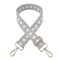 Close-up of adjustable light blue geometric woven strap with golden metal swivel hooks - Light Blue-White Square