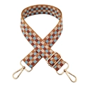 Detail des verstellbaren 3,8 cm breiten Schachbrett-Gurts mit glänzenden Goldschnallen - Blau Hellbraun + Goldene Schnalle